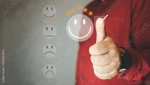 Customer Satisfaction Rating and Feedback Concept. Interacting with a digital customer satisfaction survey, emphasizing high-quality service and customer feedback. experience, review,