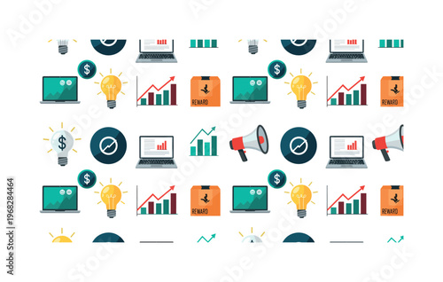 startup patterns seamless pattern, repeating pattern, surface design, textile print, modern illustration of crowdfunding projects, lightbulbs, donation icons,