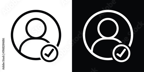Verified user profile icon. Single person avatar with a check mark. Symbol for account verification, approved candidate, or completed task. Vector line design.
