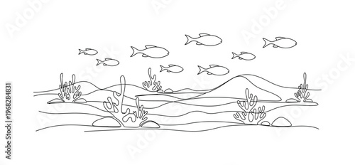 Seafloor Terrain. Minimalistic one-line drawing seabed hills, coral structures, and swimming fish, continuous single black line on white background, simple
