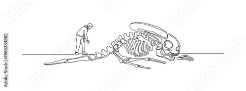 Fossil Hunt on Alien World. Minimalistic one-line drawing human examining skeletal-like alien remains, continuous single black line on white background, simple