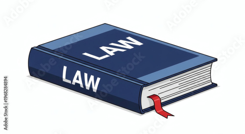 A detailed graphic illustration of a dark blue legal textbook with 'LAW' prominently displayed on its cover, representing justice, legislation, and judicial authority