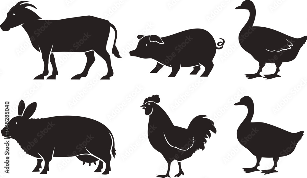 Fototapeta premium A comprehensive vector collection of black farm animal silhouettes featuring a cow, pig, sheep, and chicken designed for agriculture icons and nature illustrations