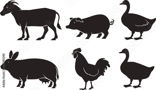 A comprehensive vector collection of black farm animal silhouettes featuring a cow, pig, sheep, and chicken designed for agriculture icons and nature illustrations