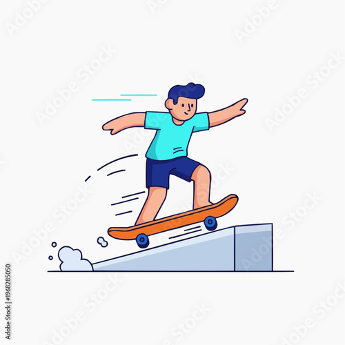 A stylized illustration of a young person skillfully riding a skateboard down a ramp