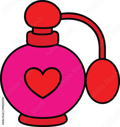 Pink perfume bottle with a red heart vintage atomizer spray romantic beauty product illustration for cosmetic advertising