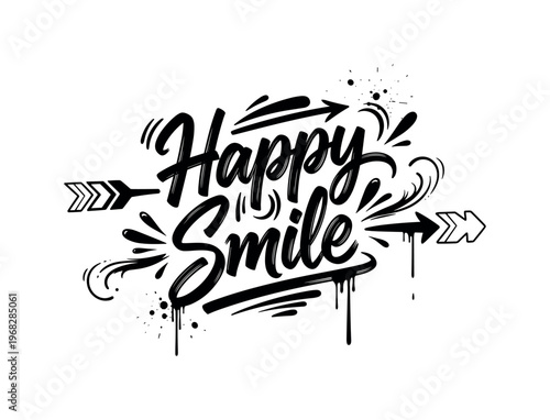Happy Smile. lettering and all elements in black. Vector style. AWhite background. Pure white background. Perfect isolation and visual consistency. Dynamic
