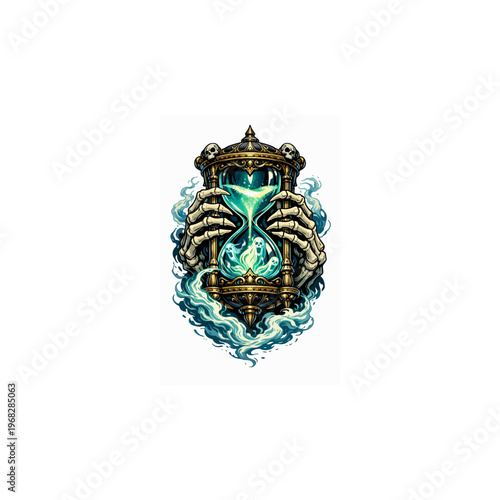 Clessidra gotica retta da mani scheletriche con anime e teschi su sfondo bianco. Generative AI 