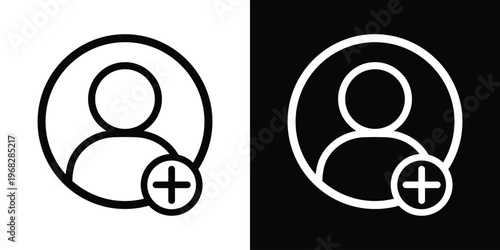 Add user icon. Single person profile avatar with a plus sign symbol. Concept for creating a new account, adding a contact, or inviting a friend. Line art style.