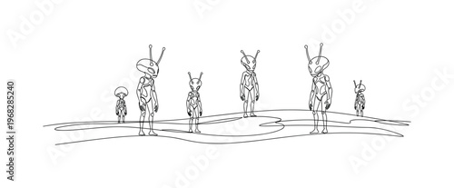 Martian Life. Minimalistic one-line drawing small aliens standing with antennae on planet surface, continuous single black line on white background, simple