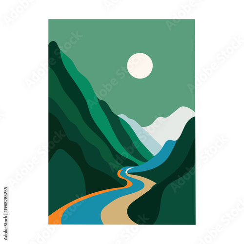 Minimalist abstract landscape illustration with mountains and river