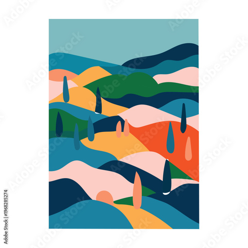 Abstract colorful landscape with rolling hills and cypress trees