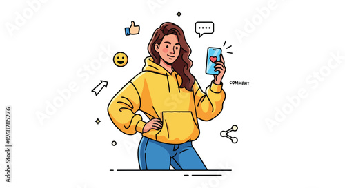 Vibrant young woman immersed in the digital sphere, engaging with social media icons and her smartphone with joyful confidence