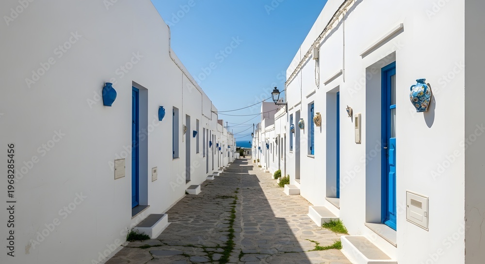 Fototapeta premium Whitewashed Alleyway in Greek Village with Blue Doors and Decorative Vases