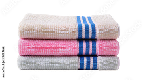 Tableau sur toile Stacked soft pink blue and grey terrycloth towels with three blue stripes, neatl