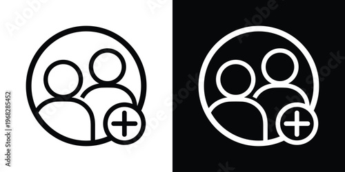 Add team icon. Group of people with a plus symbol. Representation for hiring new staff, expanding a community, or creating a group. Black and white vector.