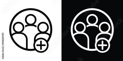 Add team icon. Group of people with a plus symbol. Representation for hiring new staff, expanding a community, or creating a group. Black and white vector.