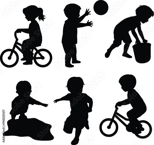 Collection of black silhouettes featuring active children playing outdoors riding bicycles throwing a ball and playing in the sand for childhood and family concepts.