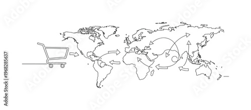 E-Commerce Globalization. Minimalistic one-line drawing shopping cart connected to multiple global locations with arrows, continuous single black line on white