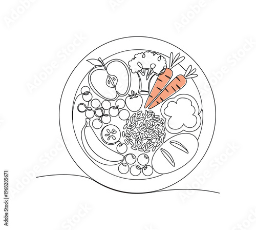 Healthy Eating Concept. Minimalistic one-line drawing plate with balanced portions of fruits, vegetables, and grains, continuous single black line on white