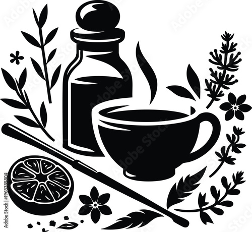 Herbal tea set with steaming cup essential oil bottle lemon slice and botanical elements flat vector illustration for wellness and relaxation concep