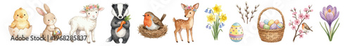 Cute spring animals and floral elements in soft watercolor style, Easter themed nursery collection with pastel colors and gentle design accents. Collection of Vector illustrations. 