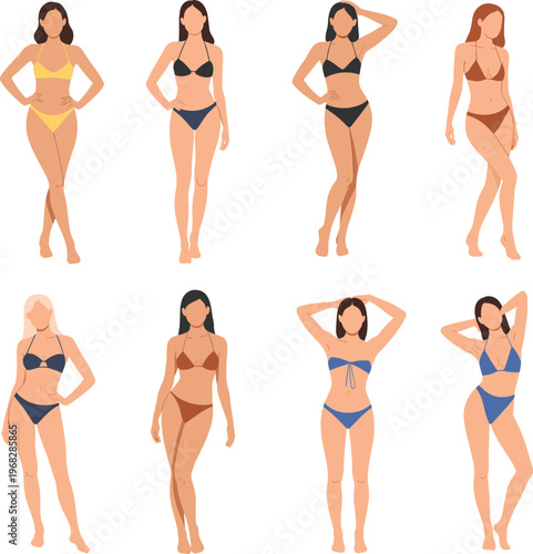Collection of diverse flat vector illustrations featuring young women in various bikini swimwear styles and confident standing poses for summer fashion and beauty concepts.