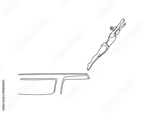 Ambition Jump. Minimalistic one-line drawing individual springing off diving platform, continuous single black line on white background, simple outline style,