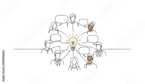 Collaborative Ideas. Minimalistic one-line drawing diverse individuals with speech bubbles connecting to central lightbulb, continuous single black line on