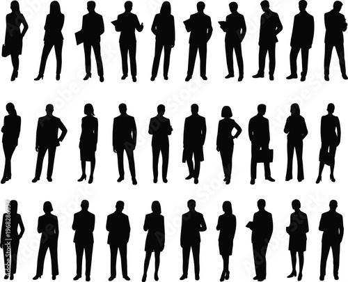 Large collection of diverse professional business people silhouettes featuring men and women in formal suits standing in various poses for corporate teamwork and leadership.