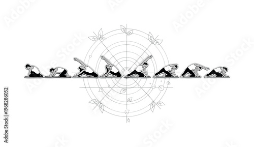 yoga flow circular grids thin lines and abstract leaf icons realistic monochrome individual moving through stretching poses in continuous flow sequence with