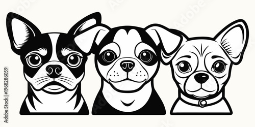 A cute small puppy and its purebred chihuahua group sit with a cat and a dog with a bone against an isolated white background.