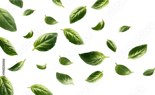 Basil leaves scattered on transparent background creating seamless botanical pattern. Fresh green herbal texture suitable for food packaging, cooking themes and organic branding