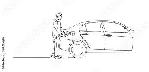 Fueling Up. Minimalistic one-line drawing person holding pump nozzle refilling car, continuous single black line on white background, simple outline style, no
