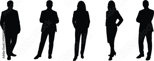Diverse group of professional business people silhouettes in formal suits and office attire standing in confident poses for corporate leadership and teamwork concepts.