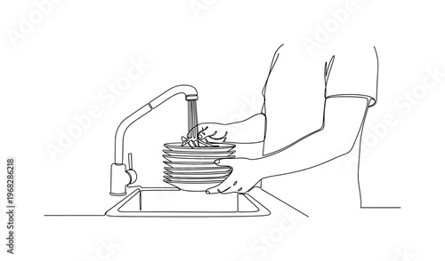 Dish Cleaning. Minimalistic one-line drawing individual rinsing plates and bowls, continuous single black line on white background, simple outline style, no