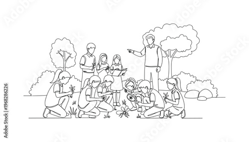 Schoolchildren Learning About Nature and the Environment. Minimalistic one-line drawing group of children observing plants and insects outdoors, continuous