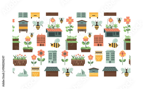 urban pollinator icons seamless pattern, repeating pattern, surface design, textile print, modern illustration of bees, beehives, rooftops, flowers, gardens,