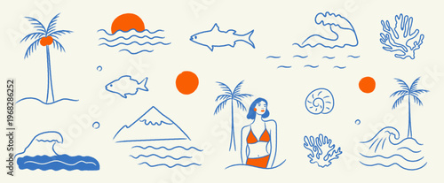 Doodle hand-drawn crayon summer beach vector illustration set.