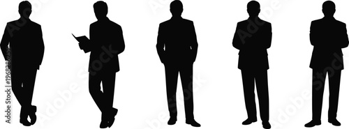 Professional business men silhouettes in formal suits standing in different poses including crossing arms holding a folder and hands in pockets for corporate concepts.