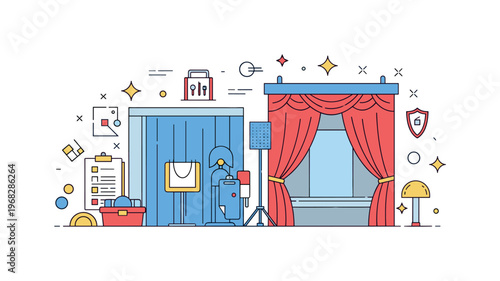 Stage props backstage preparation concept where props are positioned near curtains and stage areas while small sparkle and line icons emphasize organization,