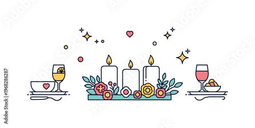 Candle centerpiece wedding table scene where candles are arranged elegantly among floral accents while small sparkle and line icons emphasize celebration,