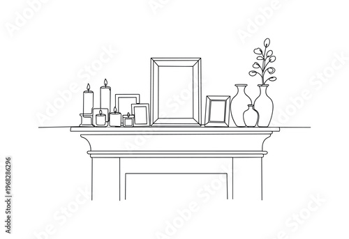 Mantel Decoration. Minimalistic one-line drawing candles, photo frames, and vases on shelf above fireplace, continuous single black line on white background,