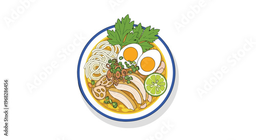 Artistic depiction of a vibrant Asian noodle soup bowl, showcasing diverse ingredients and a refreshing lime wedge garnish