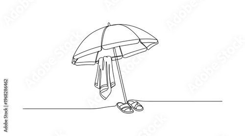Seaside Relaxation. Minimalistic one-line drawing umbrella with towel and sandals on sand, continuous single black line on white background, simple outline