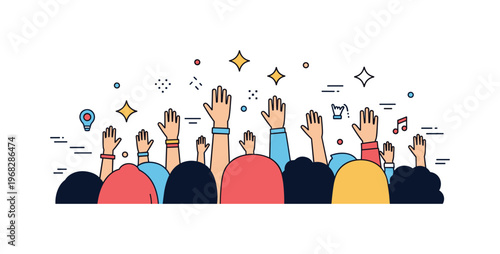 Live concert crowd wave scene where fans form synchronized hand waves while small sparkle and line icons emphasize unity, energy, and excitement. The