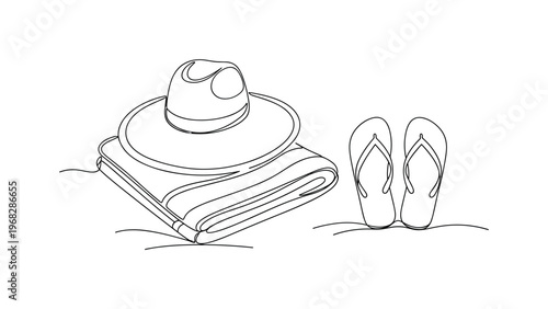 Beach Memories. Minimalistic one-line drawing sunhat, towel, and flip-flops on sand, continuous single black line on white background, simple outline style, no