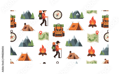 outdoor icons seamless pattern, repeating pattern, surface design, textile print, modern illustration of hikers, backpacks, mountains, tents, maps, compasses