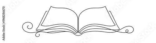 Open book with ornamental swirls like single continious line. book, reading, literature, pages, knowledge, story, library, education. decorative. flat vector illustration isolated on white background.