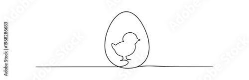 Chick inside egg on a continuous baseline. chick, hatchling, egg, bird, spring, nursery, easter celebration. flat vector illustration isolated on white background.